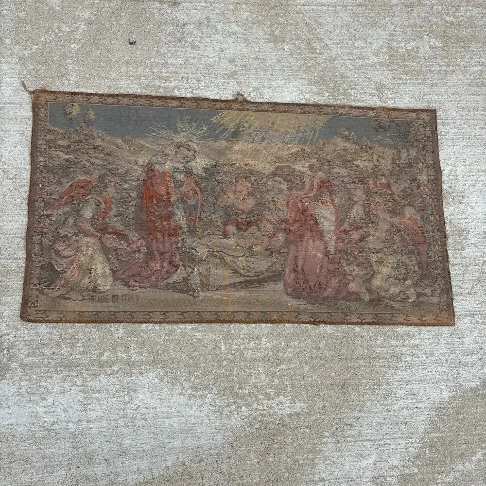 Vtg Italy Velvet Tapestry Wall Hanging Rug - Religious Christian Nativity Jesus